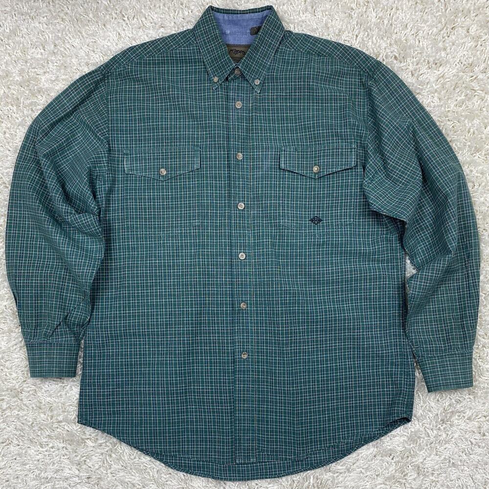 Roper Western Button Down Shirt Mens M/L Green Micro-Check Chambray Cowboy